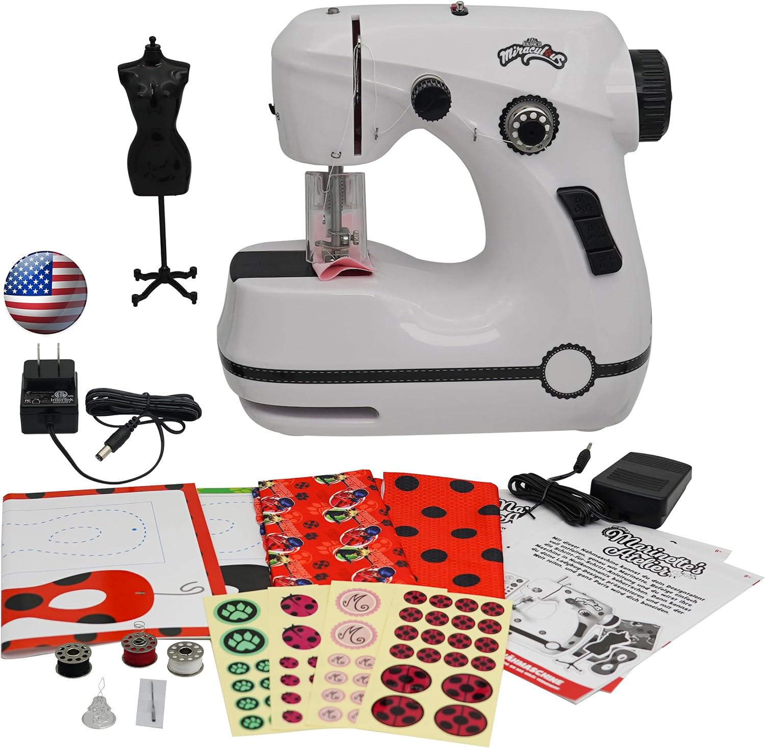 Miraculous Ladybug - Marinette's Mini Sewing Machine For Beginners And  Kids, Dual Speed Portable Machine with Miraculous Fabric, Black Mannequin,  Superhero Mask Cutouts, And Foot Pedal, Wyncor 
